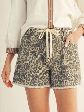 JODIFL Leopard Print Drawstring Cargo Shorts